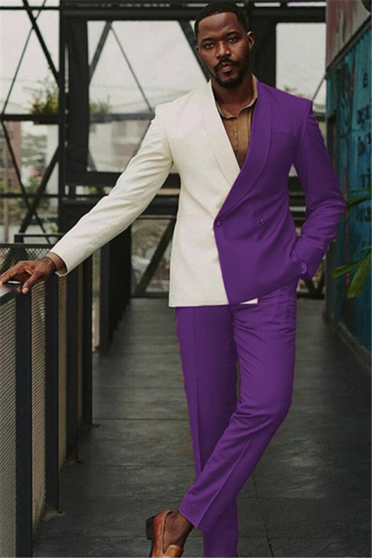 Caleb White and Purple Double Breasted Slim Men Suit for Prom