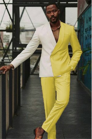Isaac White and Yellow Double Breasted Slim Men Suit for Prom Isaac White and Yellow Double Breasted Slim Men Suit for Prom