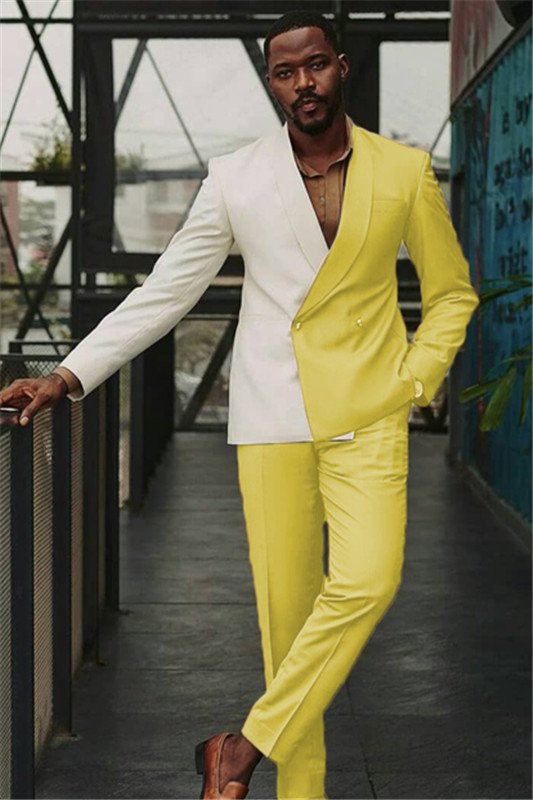 Isaac White and Yellow Double Breasted Slim Men Suit for Prom
