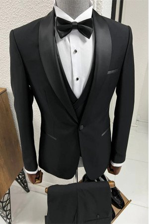 Nathan Classic Black Three Pieces Shawl Lapel Bespoke Wedding Suits Nathan Classic Black Three Pieces Shawl Lapel Bespoke Wedding Suits