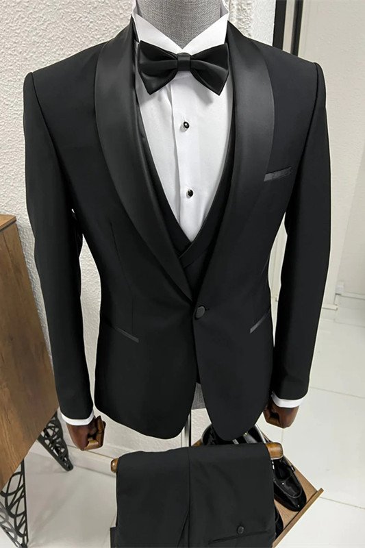 Nathan Classic Black Three Pieces Shawl Lapel Bespoke Wedding Suits
