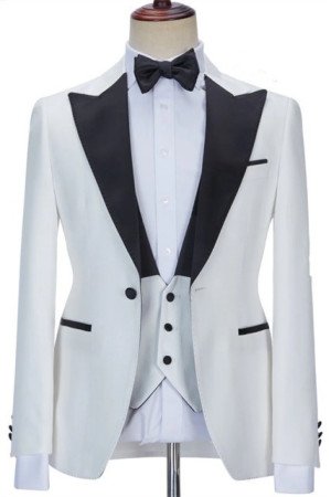 Elijah White Jacquard Three Pieces Fashion Slim Fit Wedding Suits with Velvet Lapel