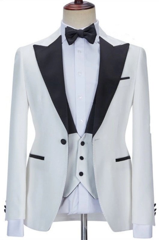 Elijah White Jacquard Three Pieces Fashion Slim Fit Wedding Suits with Velvet Lapel