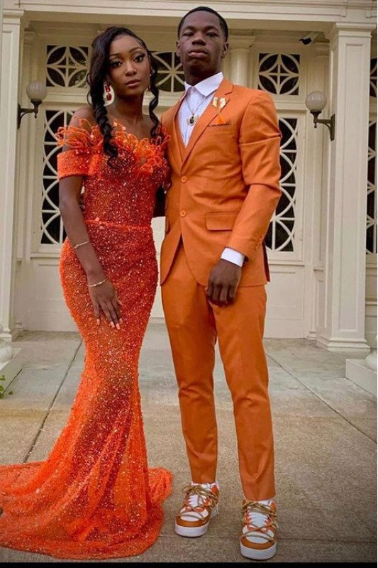Stylish Orange Three Pieces Notched Lapel Slim Fit Prom Suits