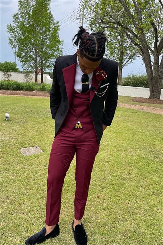 Noah Black and Dark Red Stylish Slim Fit Bespoke Prom Suit