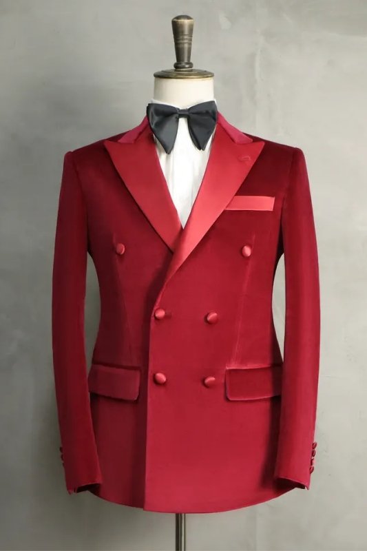 Christia Hot Red Velvet Two Pieces Double Breasted Peaked Lapel Wedding Suits