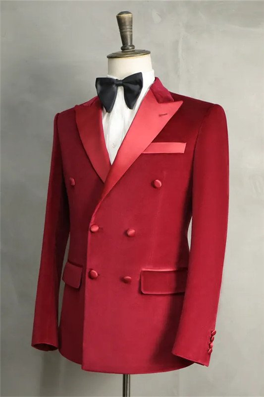 Christia Hot Red Velvet Two Pieces Double Breasted Peaked Lapel Wedding Suits