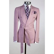 Modern Fashion Pink Shawl Lapel Slim Fit Bespoke Prom Suit with Belt