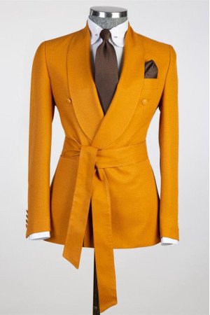 Modern Stylish Yellow Shawl Lapel Slim Fit Bespoke Prom Suit with Belt Modern Stylish Yellow Shawl Lapel Slim Fit Bespoke Prom Suit with Belt