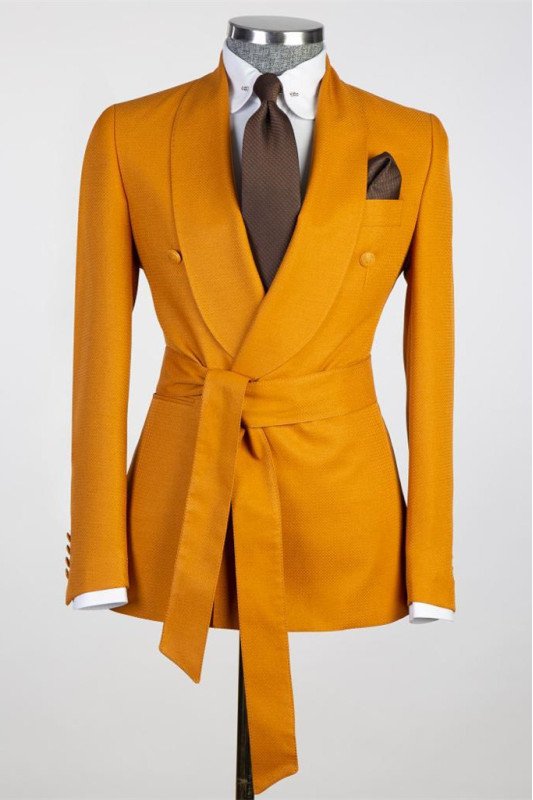 Modern Stylish Yellow Shawl Lapel Slim Fit Bespoke Prom Suit with Belt