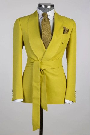 New Arrival Modern Gold Shawl Lapel Slim Fit Bespoke Prom Suit with Belt New Arrival Modern Gold Shawl Lapel Slim Fit Bespoke Prom Suit with Belt