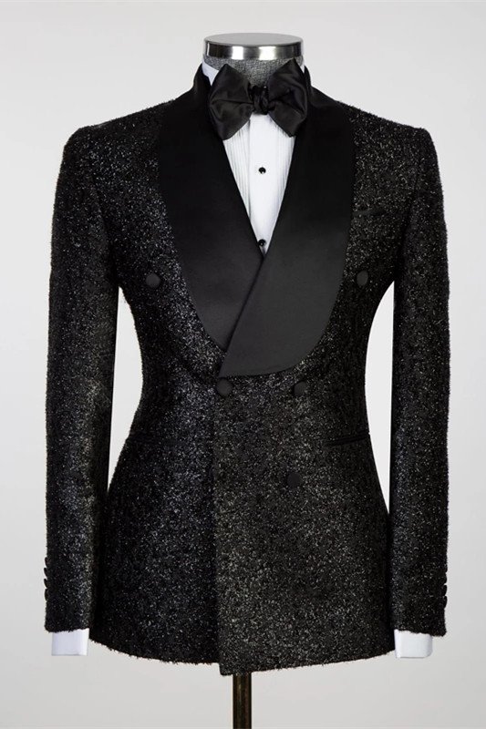 New Arrival Black Double Breasted Close Fitting Sparkly Wedding Suits