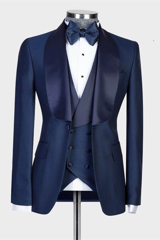 Fashion Dark Navy Three Pieces Shawl Lapel Three Pieces Wedding Suit for Men