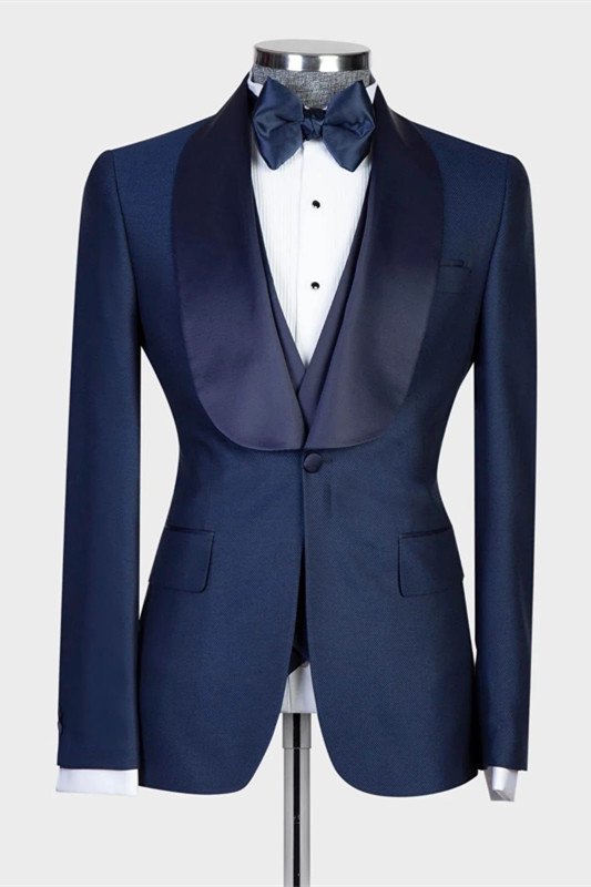 Fashion Dark Navy Three Pieces Shawl Lapel Three Pieces Wedding Suit for Men