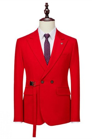 Newest Red Double Breasted Peaked Lapel Close Fitting Prom Suits with Gold Belt Newest Red Double Breasted Peaked Lapel Close Fitting Prom Suits with Gold Belt