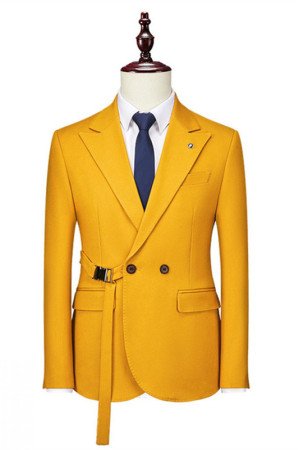 Newest Yellow Double Breasted Peaked Lapel Close Fitting Prom Suits with Gold Belt Newest Yellow Double Breasted Peaked Lapel Close Fitting Prom Suits with Gold Belt