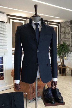 Ahern Simple Dark Navy Stand Collar Winter Coat Ahern Simple Dark Navy Stand Collar Winter Coat