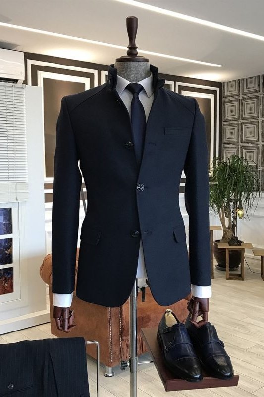 Ahern Simple Dark Navy Stand Collar Winter Coat