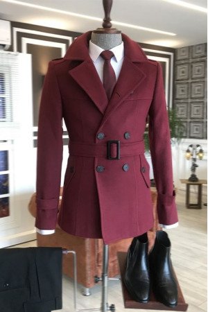 Albert Chic Burgundy Notched Lapel Winter Coat Albert Chic Burgundy Notched Lapel Winter Coat