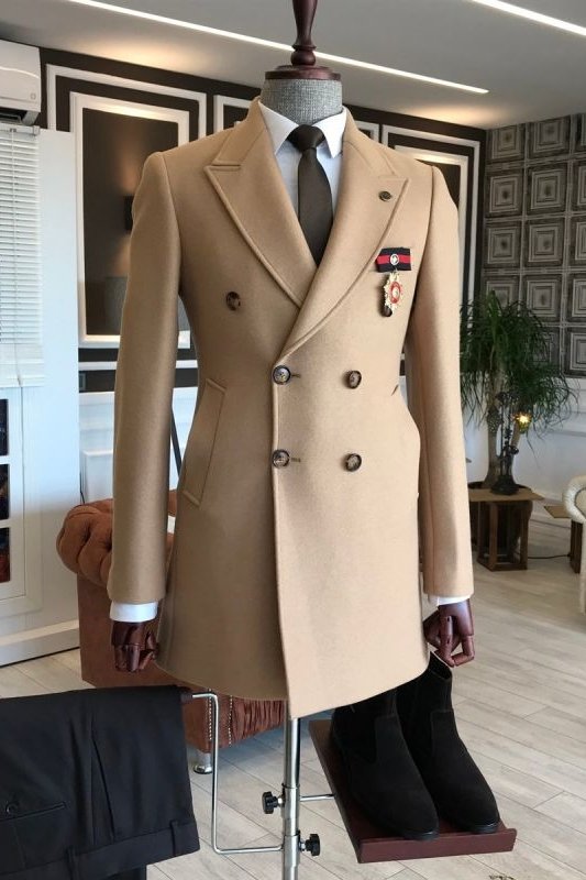 Alger Bespoke Khaki Peaked Lapel Winter Coat