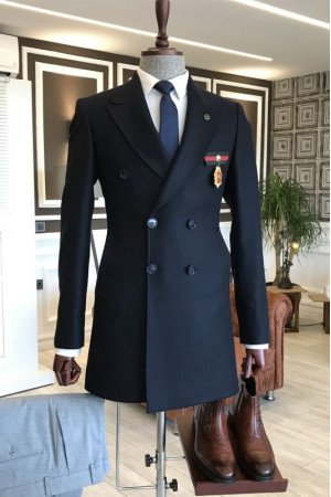 Alonzo Cool Dark Navy Peaked Lapel Double Breasted Winter Coat Alonzo Cool Dark Navy Peaked Lapel Double Breasted Winter Coat