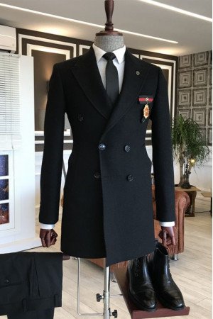 Alston Fancy Black Peaked Lapel Double Breasted Winter Coat Alston Fancy Black Peaked Lapel Double Breasted Winter Coat
