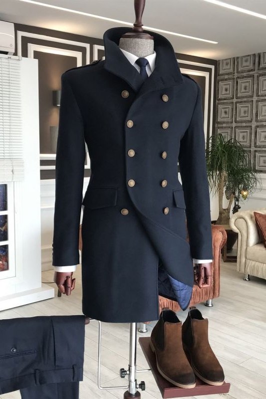 Alvis Bespoke Black Double Breasted Stand Collar Winter Coat
