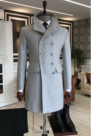 Americo Fashion Gray Stand Collar Double Breasted Winter Coat Americo Fashion Gray Stand Collar Double Breasted Winter Coat