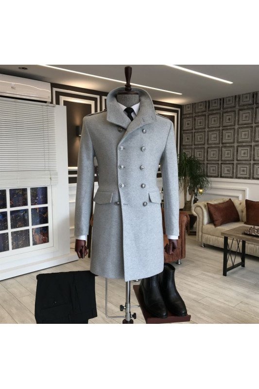 Americo Fashion Gray Stand Collar Double Breasted Winter Coat