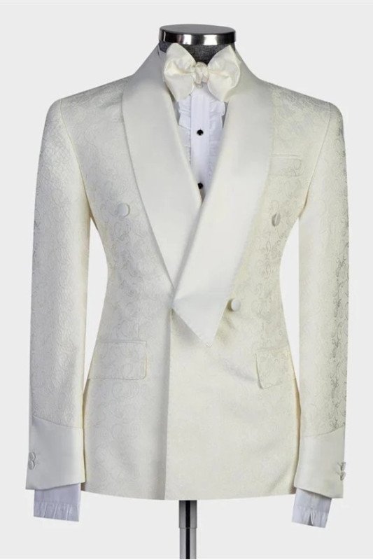 Fashion New Arrival White Jacquard Double Breasted Wedding Suits