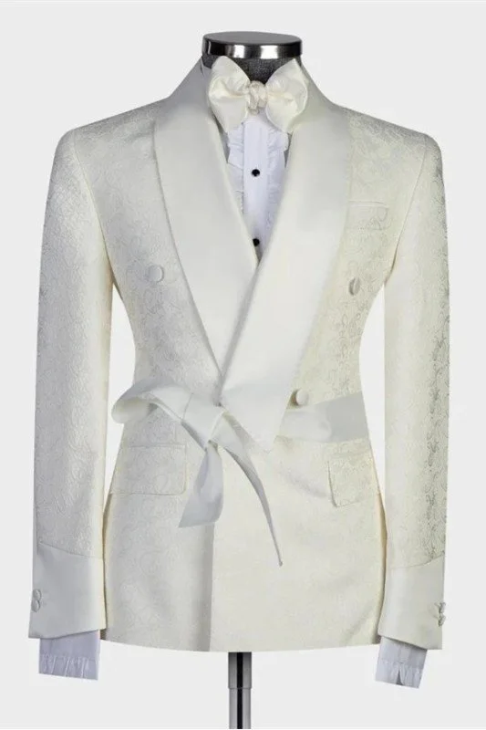 Modern Luxurious White & Gold Split Lapel Jacquard Double-Breasted Tuxedo main image 0