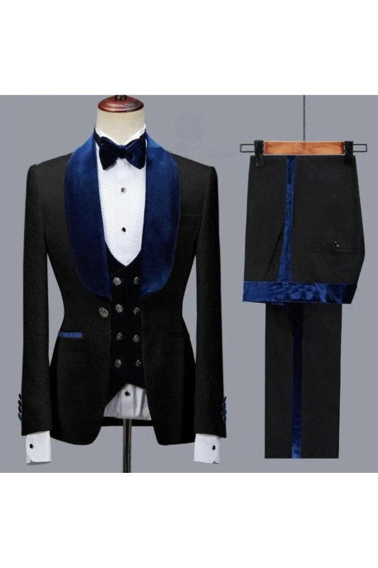 Samuel Stylish Black Jacquard Three Pieces Bespoke Wedding Suits for Groom