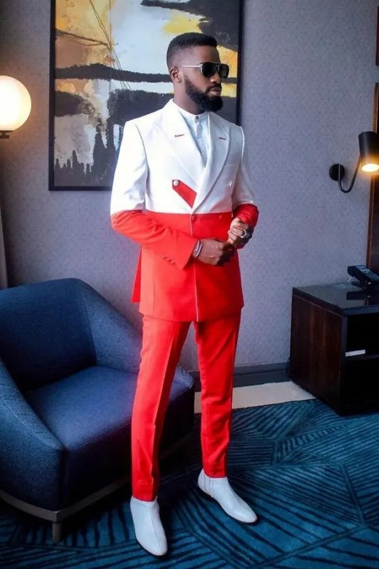 Caleb White and Red Double Breasted Peaked Lapel Fashion Prom Suits