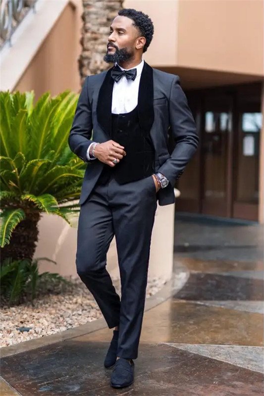 Evan Dark Gray Three Pieces Slim Fit Stylish Wedding Suits with Black Velvet Lapel