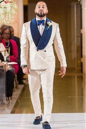 Jack Two Pieces White Jacquard Double Breasted Shawl Lapel Wedding Suits for Groom