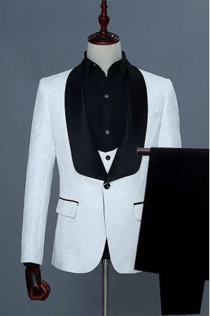 Kevin Fashion White Jacquard Three Pieces Close Fitting Wedding Suits For Groom