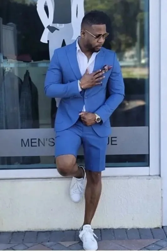 Mens Short Pants Suit Set Mens Tow Light Blue Button Suit For Men