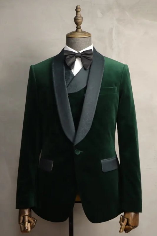 Gabriel New Arrival Dark Green Three Pieces Velvet Wedding Suits for Men