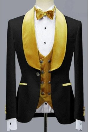 Benjamin Trendy Black Jacquard Three Pieces Wedding Groom Suits with Velvet Lapel
