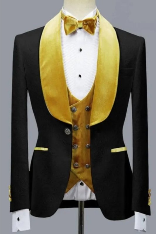 Benjamin Trendy Black Jacquard Three Pieces Wedding Groom Suits with Velvet Lapel