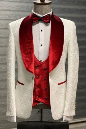 Nicholas New Arrival White Three Pieces Jacquard Wedding Suits with Velvet Lapel Nicholas New Arrival White Three Pieces Jacquard Wedding Suits with Velvet Lapel