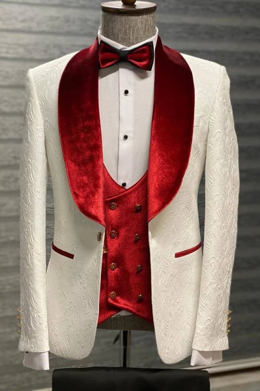 Nicholas New Arrival White Three Pieces Jacquard Wedding Suits with Velvet Lapel