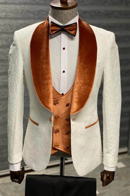 Jackson Newest Jacquard White Shawl Lapel Slim Fit Wedding Groom Suits