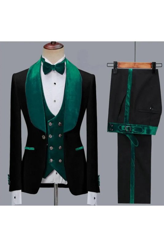 Tyler Black Jacquard Three Pieces Fashion Wedding Suit with Green Velvet Lapel