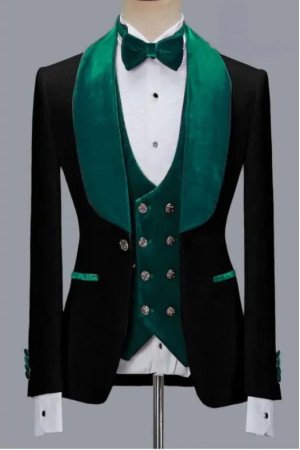 Tyler Black Jacquard Three Pieces Fashion Wedding Suit with Green Velvet Lapel Tyler Black Jacquard Three Pieces Fashion Wedding Suit with Green Velvet Lapel