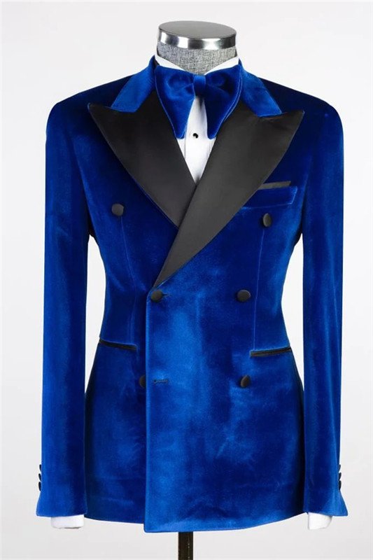 Isaac Royal Blue Velvet Double Breasted Slim Men Suit for Prom