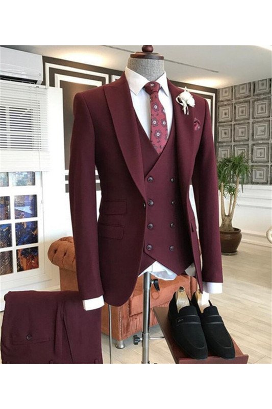 Latest Design Chic Burgundy Peaked Lapel Three Pieces Men Suit