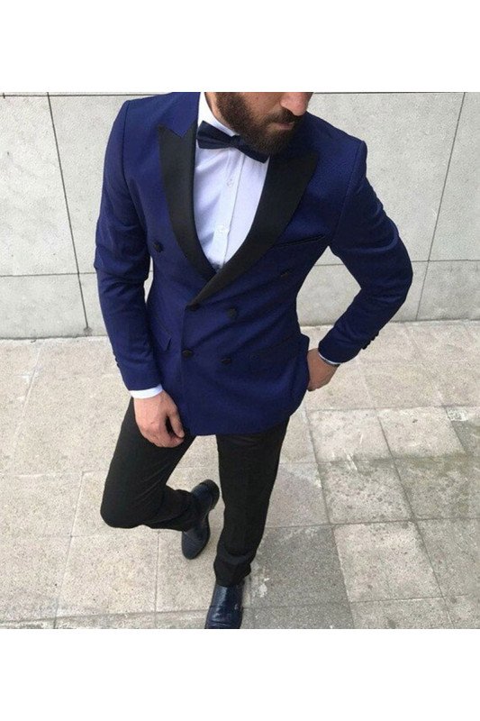 Fashion Navy Blue Peaked Lapel Double Breasted Mens Suit