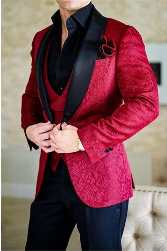 Red Shawl Lapel Jacquard Three-Pieces Wedding Groom Suits