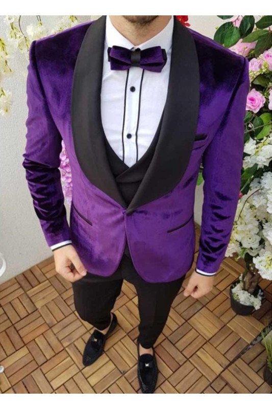 New Arrival Purple Black Shawl Lapel Velvet Smoking Wedding TuxedAOS